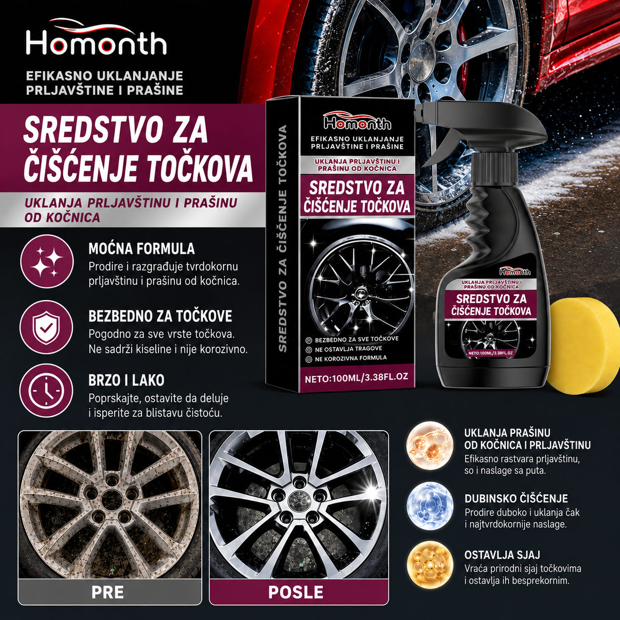 Sredstvo za čišćenje felni 1+1 GRATIS + sunđeri gratis – sjaj bez ribanja
