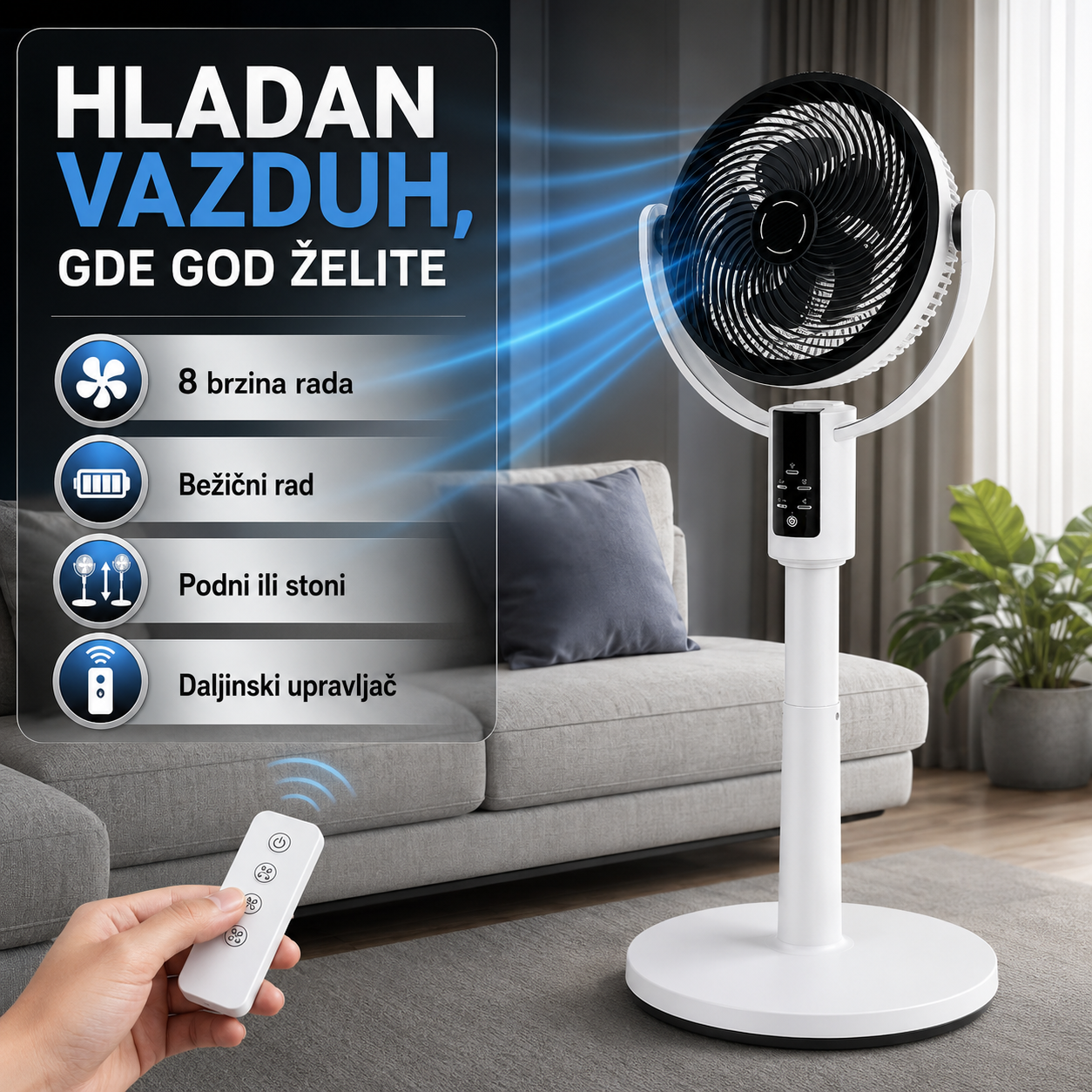 MULTIFUNKCIONALNI PODNI VENTILATOR F3 – PUNJIVI, BEŽIČNI, SA 8 BRZINA I DALJINSKIM