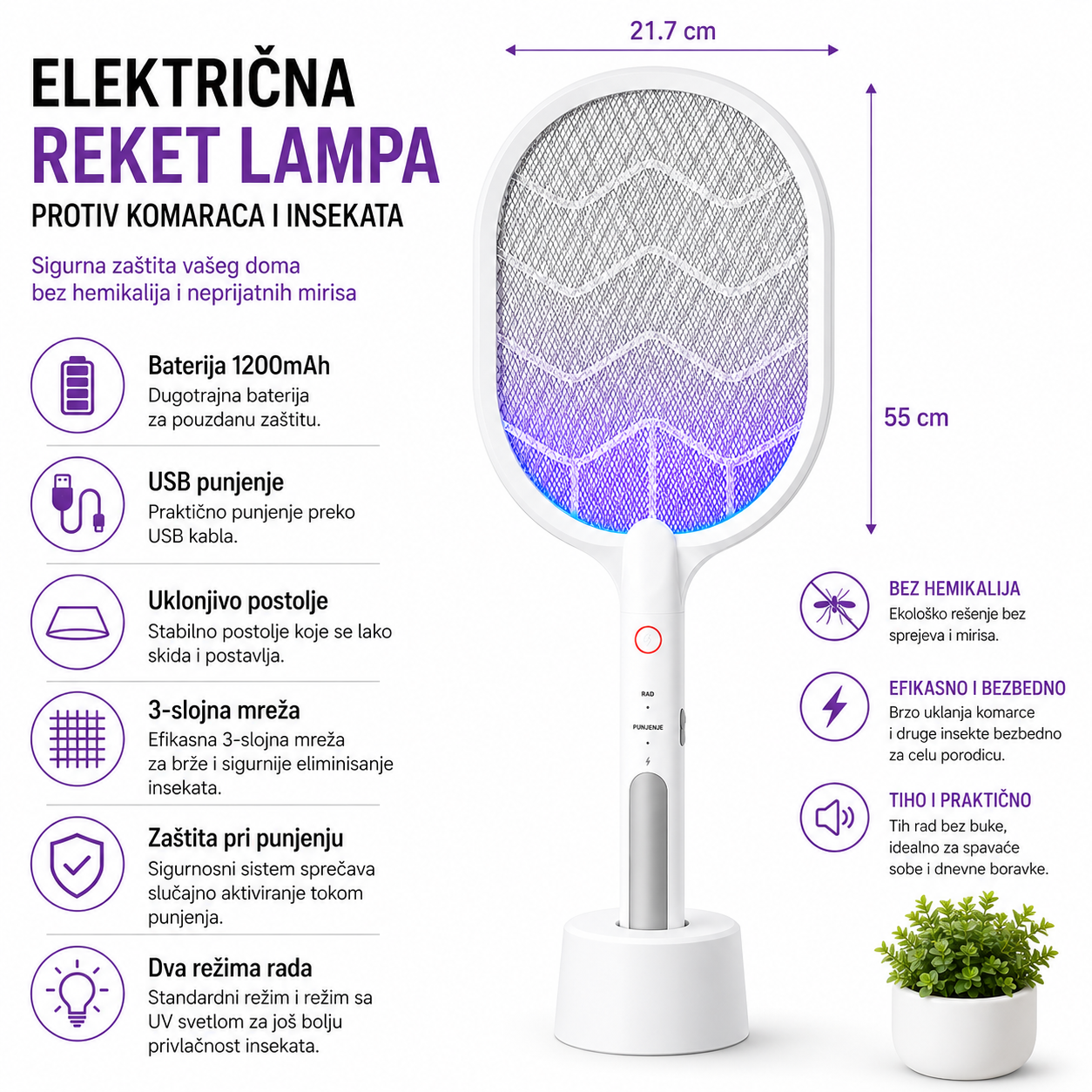 Električni reket za komarce 2u1 sa UV lampom – zaštita bez sprejeva i hemije
