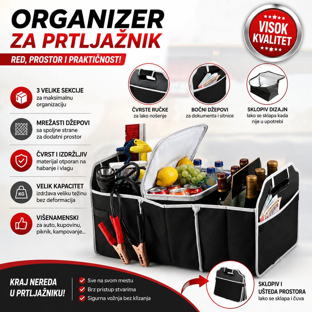 Sklopivi organizer za auto sa 3 velike pregrade