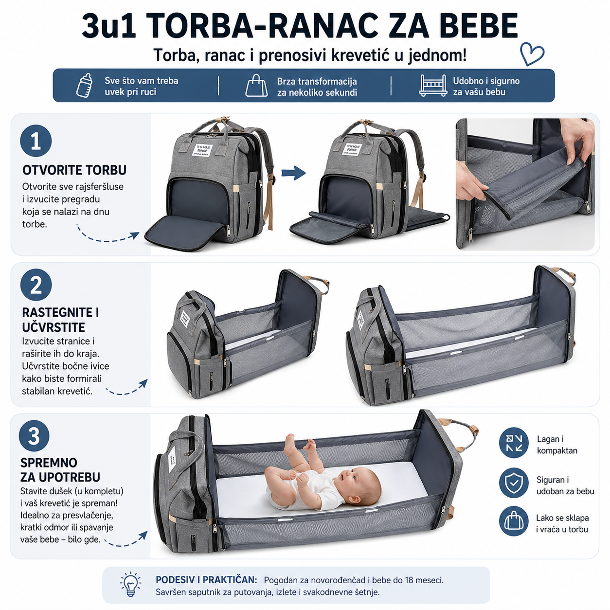 Ranac za bebe sa prenosivim krevetićem 2-u-1