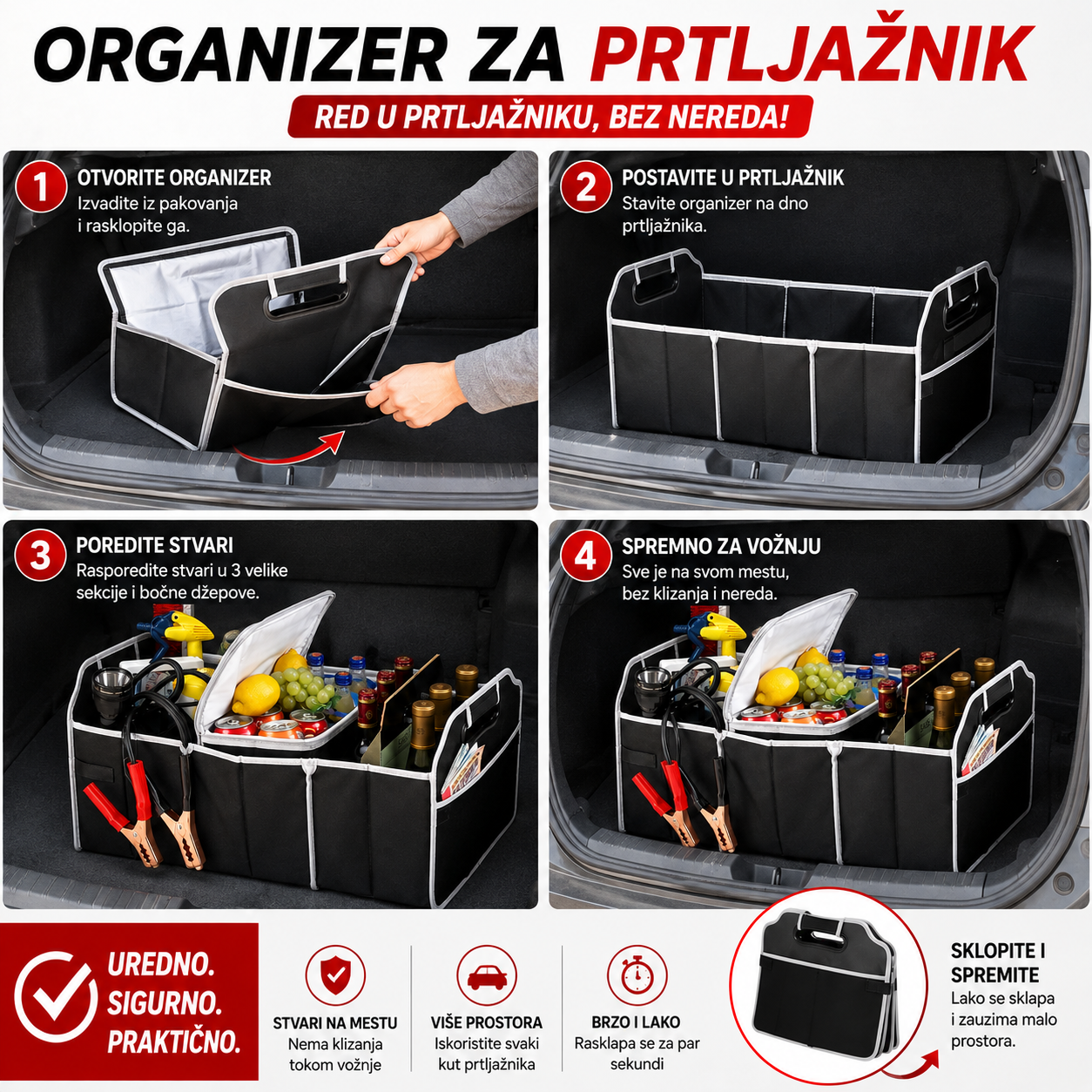 Sklopivi organizer za auto sa 3 velike pregrade