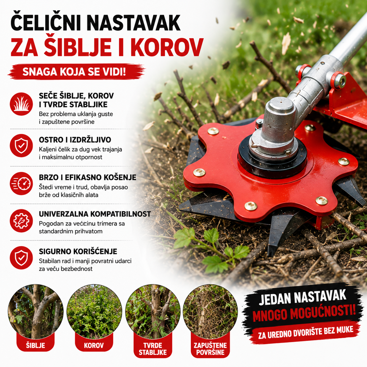 Čelični nastavak 6 oštrica + žičani nastavak GRATIS – dvije glave za ozbiljan teren