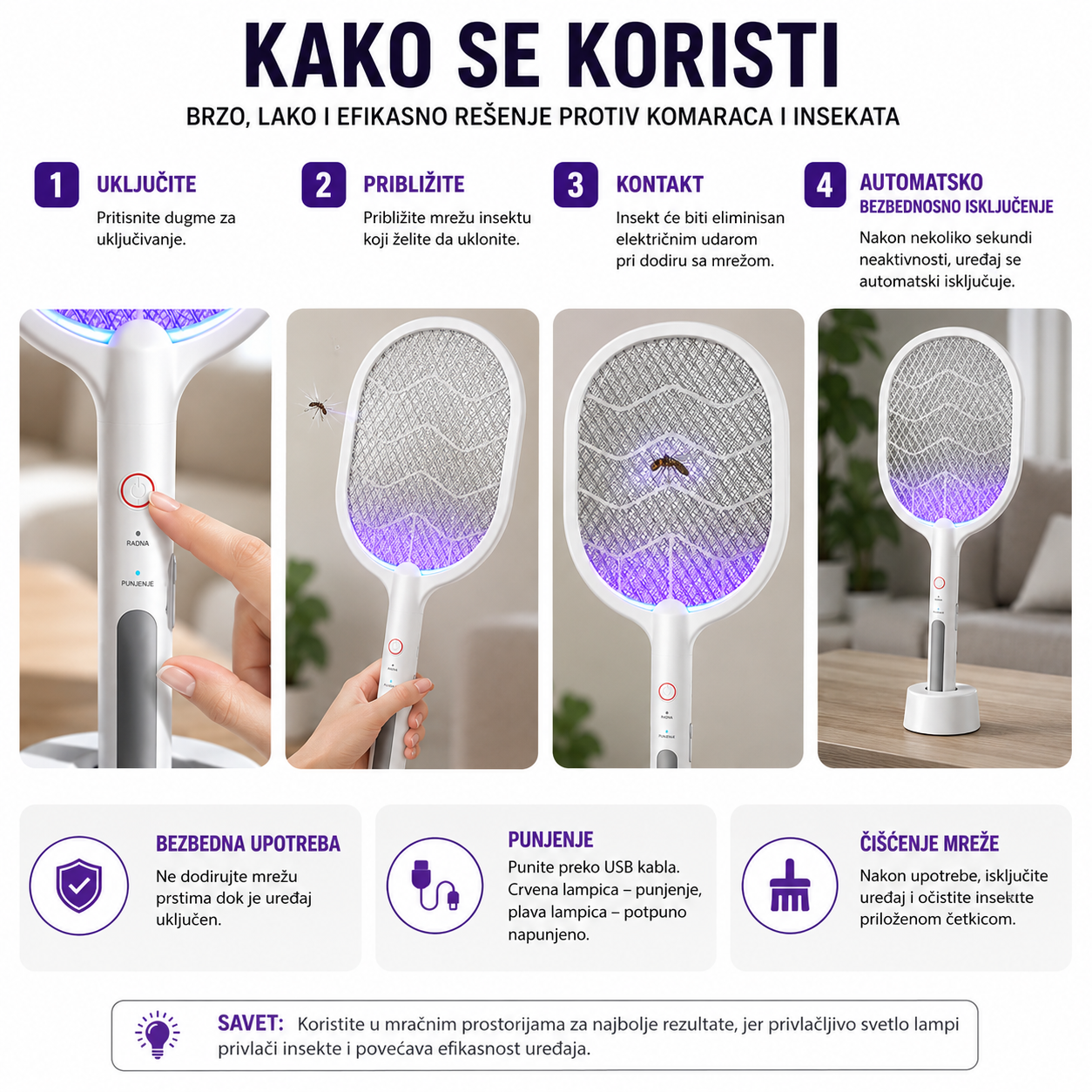 Električni reket za komarce 2u1 sa UV lampom – zaštita bez sprejeva i hemije