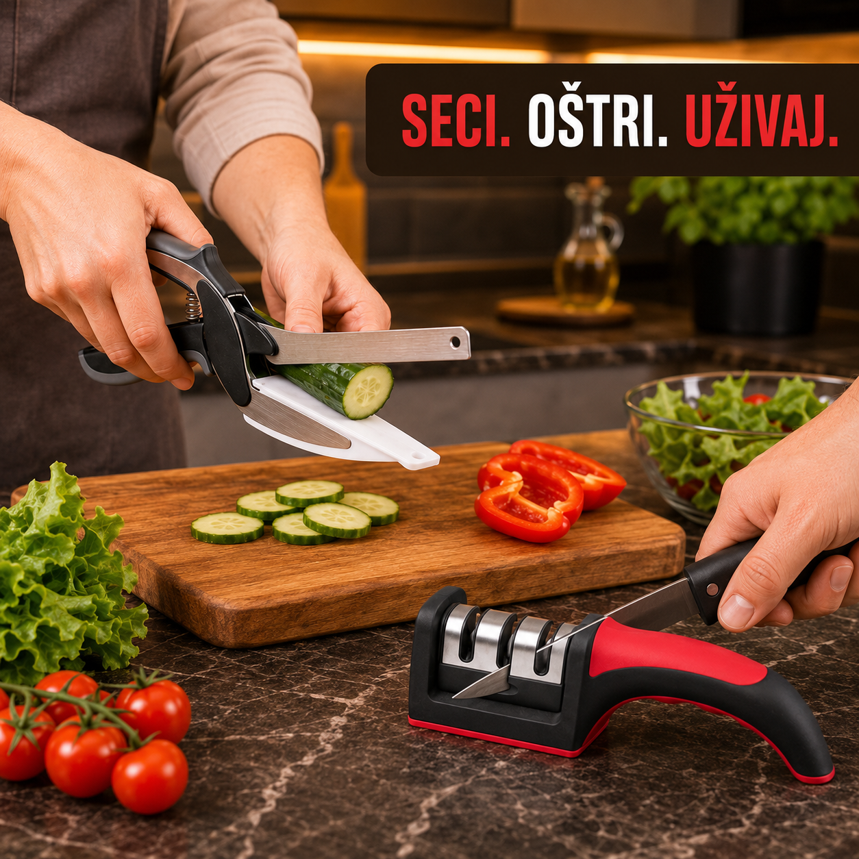 KOMBO ZA KUHINJU – CLEVER CUTTER 2 U 1 + TROSTEPENI OŠTRAČ NOŽEVA