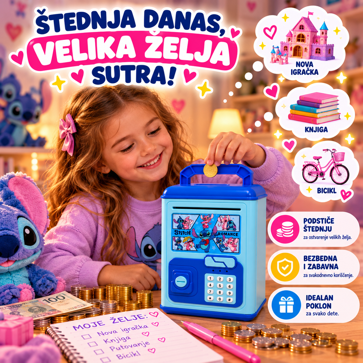Stich kasica sa kljucem - za prvu uštedjevinu naših mališana (gratis baterije)