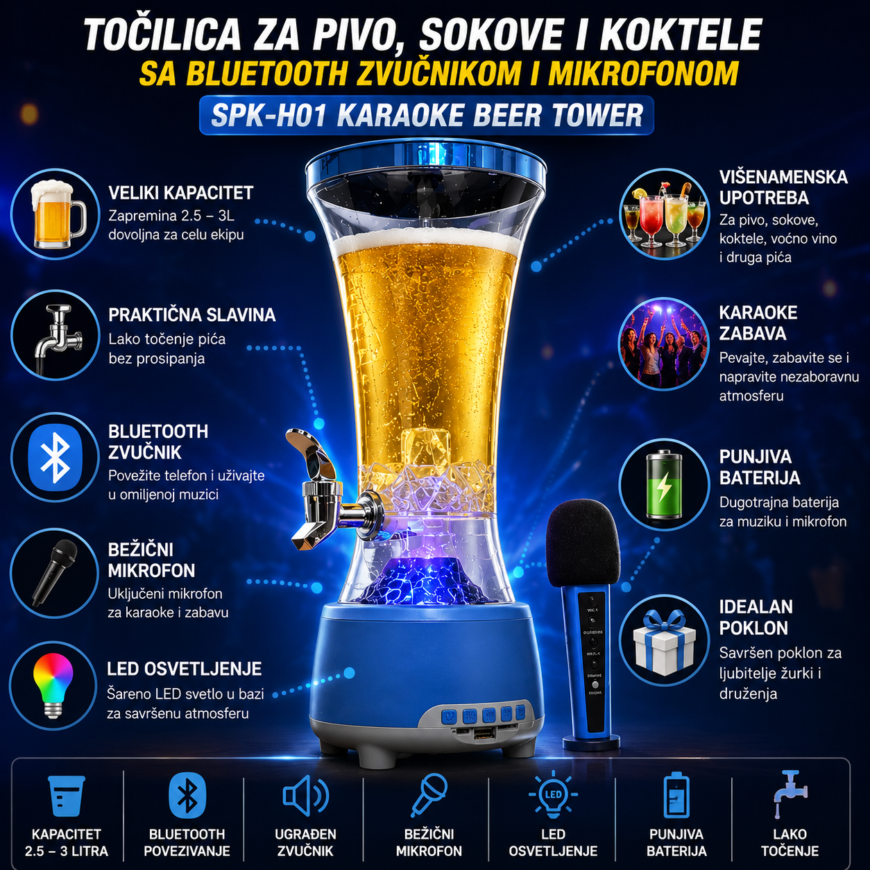 Točilica za pivo, sokove i koktele sa Bluetooth zvučnikom i gratis mikrofonom